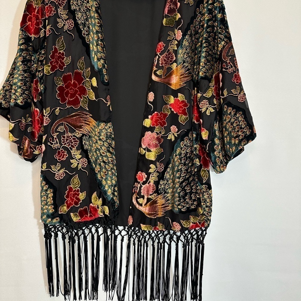 Xhilaration Womens Kimono Floral Peacock Burnout Velvet Petite XS/S TP/P Boho - Picture 2 of 14